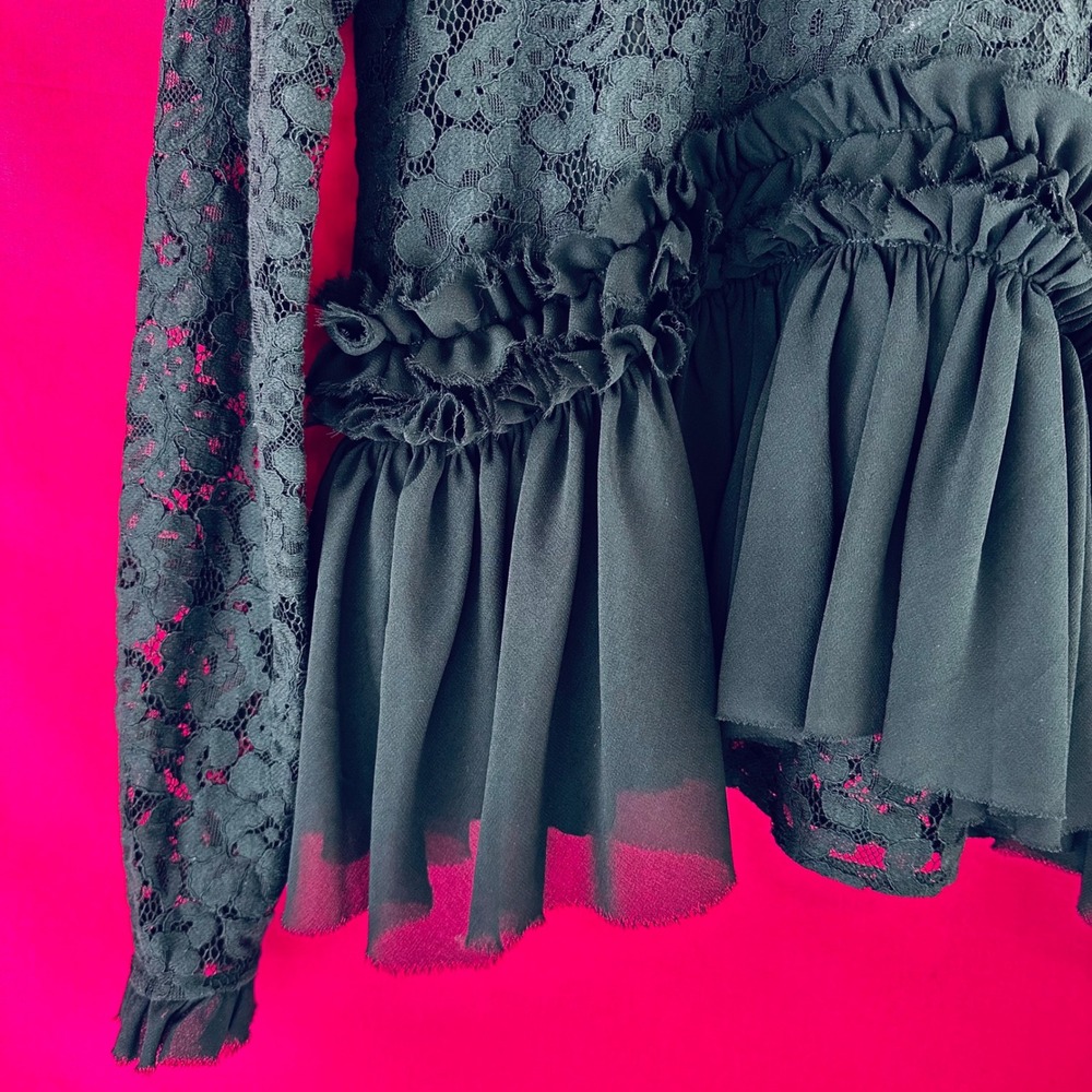 TUCKERNUCK Black Lace Ruffle Peplum Myla Top Mock Neck Long Sleeve Blouse XS - Picture 7 of 17